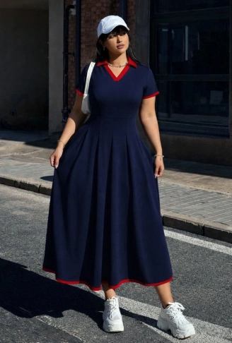 Kadın Kısa Kollu V Yakalı Pileli Uzun Janjan Krep Elbise