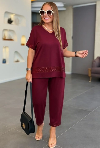 Kadın Kısa Kollu V Yakalı Pul Payetli Viskon Iki Iplik Bluz Ve Pantolon Ikili Takım
