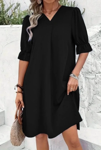 Kadın Kısa Kollu V Yakalı Salaş Janjan Krep Elbise