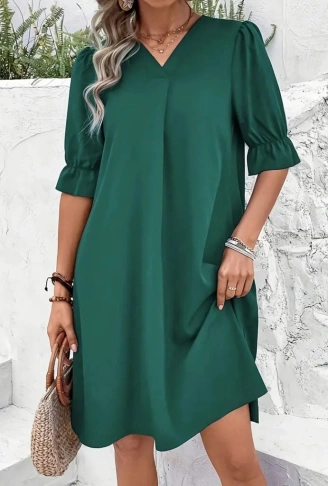 Kadın Kısa Kollu V Yakalı Salaş Janjan Krep Elbise