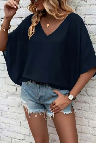 Kadın Kısa Kollu V Yakalı Salaş Viskon Bluz