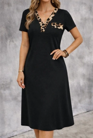 Kadın Kısa Kollu V Yakalı Süs Cep Detaylı Midi Viskon Elbise