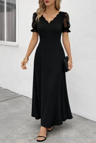 Kadın Kısa Kollu V Yakalı Uzun Janjan Elbise