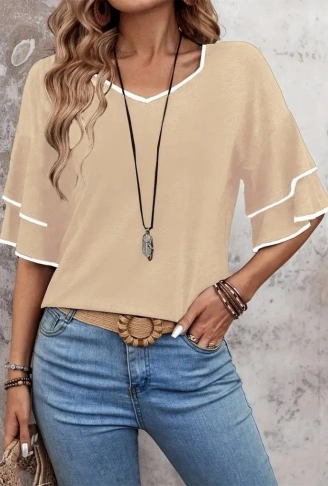 Kadın Kısa Kollu V Yakalı Viskon Bluz