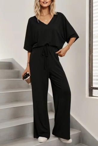 Kadın Kısa Kollu V Yakalı Viskon Bluz Ve Pantolon Ikili Takım