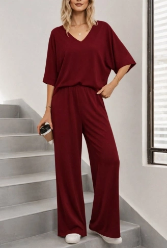 Kadın Kısa Kollu V Yakalı Viskon Bluz Ve Pantolon Ikili Takım