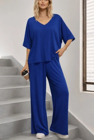Kadın Kısa Kollu V Yakalı Viskon Bluz Ve Pantolon Ikili Takım