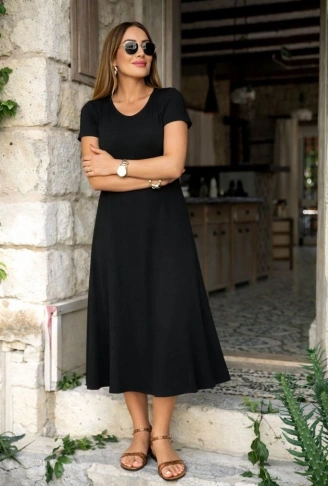 Kadın Kısa Kollu V Yakalı Yırtmaçlı Midi Viskon Elbise