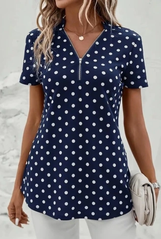 Kadın Kısa Kollu Yakadan Fermuarlı Puantiyeli Uzun Dokuma Viskon Bluz