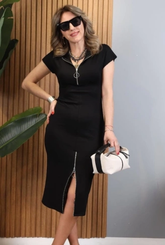 Kadın Kısa Kollu Yakadan Ve Eteği Fermuarlı Viskon Iki Iplik Midi Elbise