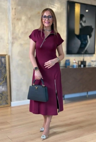 Kadın Kısa Kollu Yakadan Ve Etekten Fermuarlı Midi Viskon Iki Iplik Elbise