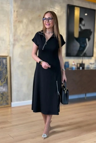 Kadın Kısa Kollu Yakadan Ve Etekten Fermuarlı Midi Viskon Iki Iplik Elbise