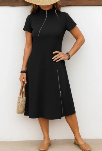 Kadın Kısa Kollu Yakadan Ve Etekten Fermuarlı Midi Viskon Iki Iplik Elbise