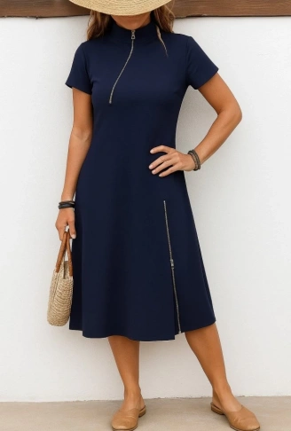 Kadın Kısa Kollu Yakadan Ve Etekten Fermuarlı Midi Viskon Iki Iplik Elbise