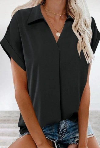 Kadın Kısa Kollu Yakalı Dokuma Viskon Bluz