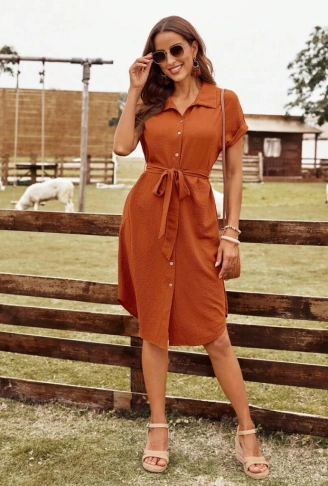 Kadın Kısa Kollu Yakalı önden Düğmeli Beli Kuşaklı Bürümcük Elbise