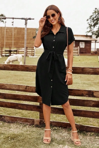 Kadın Kısa Kollu Yakalı önden Düğmeli Beli Kuşaklı Bürümcük Elbise