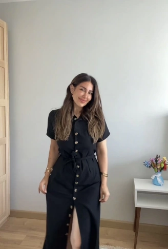 Kadın Kısa Kollu Yakalı önden Düğmeli Beli Kuşaklı Ithal Keten Elbise