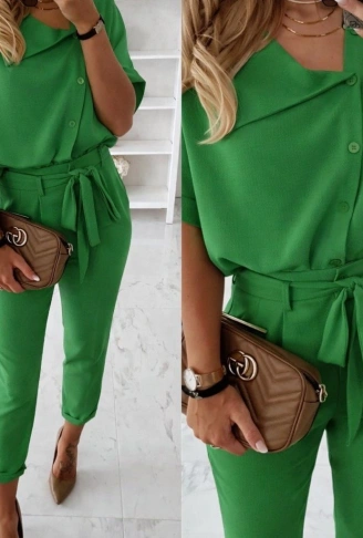 Kadın Kısa Kollu Yakalı önden Düğmeli Bürümcük Bluz Ve Pantolon Ikili Takım