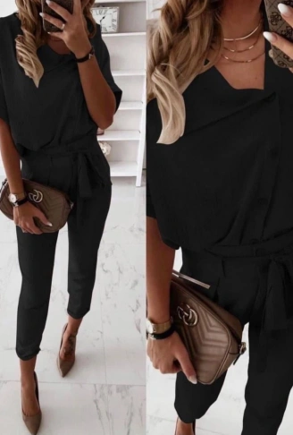 Kadın Kısa Kollu Yakalı önden Düğmeli Bürümcük Bluz Ve Pantolon Ikili Takım