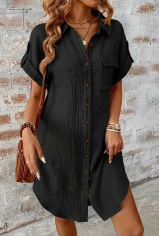 Kadın Kısa Kollu Yakalı önden Düğmeli Bürümcük Kısa Elbise