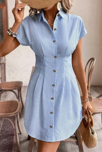 Kadın Kısa Kollu Yakalı önden Düğmeli Kısa Trikoton Elbise