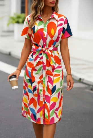 Kadın Kısa Kollu Yakalı önü Düğmeli önden Drapeli Desenli Süprem Elbise