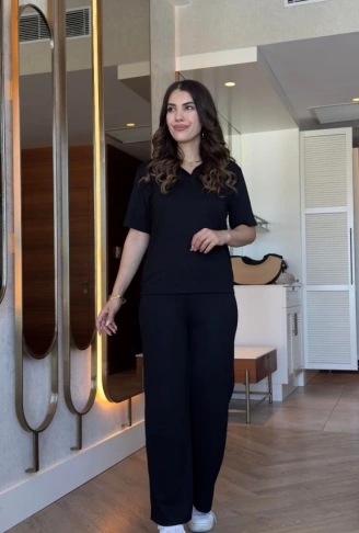 Kadın Kısa Kollu Yakalı Viskon Iki Iplik Bluz Ve Pantolon Ikili Takım