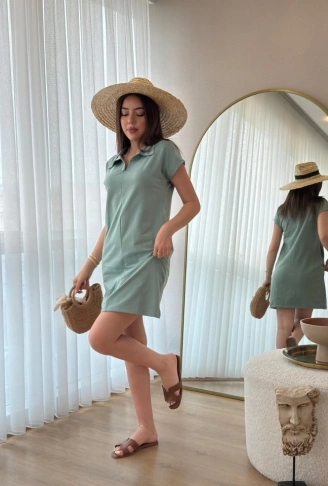 Kadın Kısa Kollu Yakalı Viskon Iki Iplik Elbise