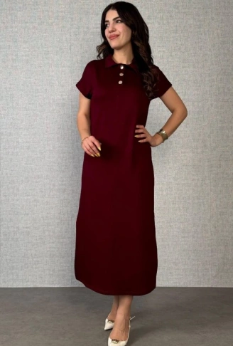 Kadın Kısa Kollu Yakalı Yandan Yırtmaçlı Viskon Iki Iplik Elbise