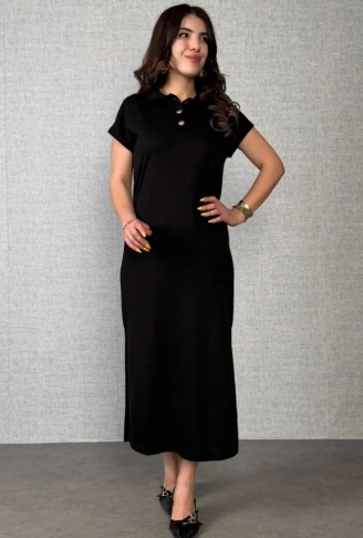 Kadın Kısa Kollu Yakalı Yandan Yırtmaçlı Viskon Iki Iplik Elbise