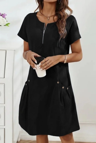 Kadın Kısa Kollu Yakası Açık Fermuarlı Cep Detaylı Ithal Keten Elbise