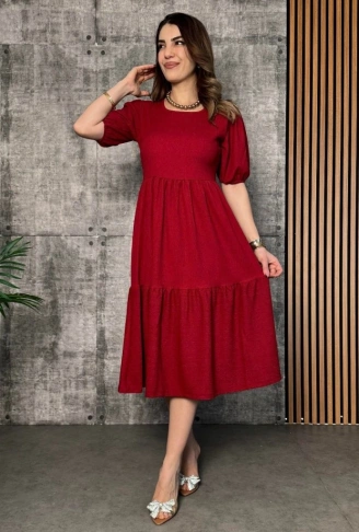 Kadın Kısa Kollu Yakası Açık Katlı Bürümcük Balon Elbise