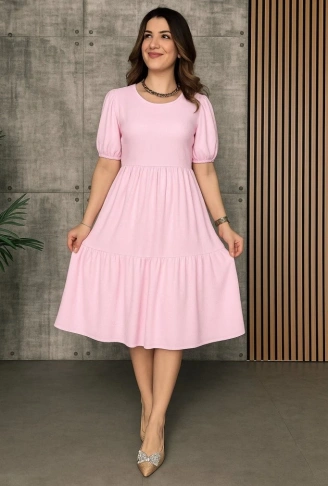 Kadın Kısa Kollu Yakası Açık Katlı Bürümcük Balon Elbise