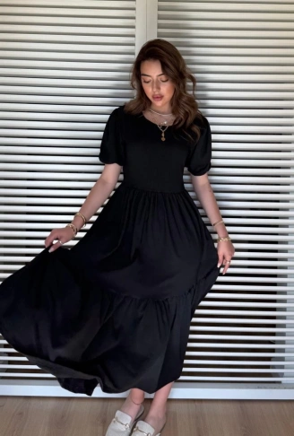 Kadın Kısa Kollu Yakası Açık Katlı Bürümcük Balon Elbise