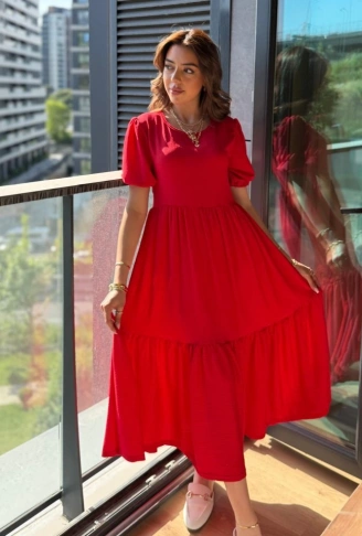 Kadın Kısa Kollu Yakası Açık Katlı Bürümcük Balon Elbise