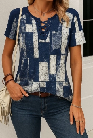 Kadın Kısa Kollu Yakası Bağcıklı Kuş Gözü Detay Süprem Bluz