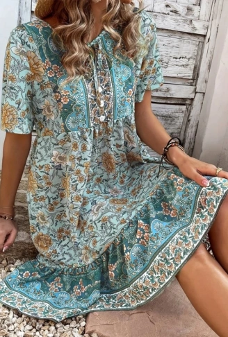 Kadın Kısa Kollu Yakası Bağcıklı önden Düğmeli Fırfır Desenli Süprem Elbise