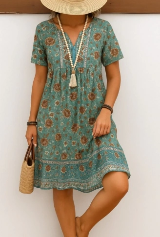 Kadın Kısa Kollu Yakası Bağcıklı önden Düğmeli Fırfır Desenli Süprem Elbise