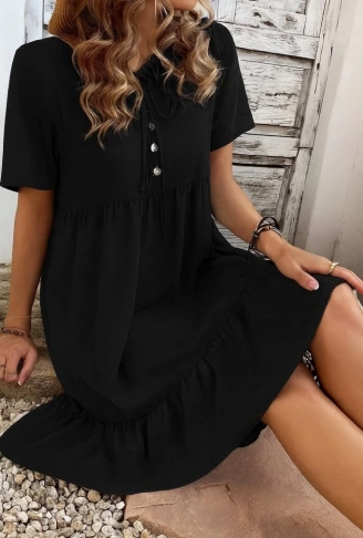 Kadın Kısa Kollu Yakası Bağcıklı önden Düğmeli Fırfır Desenli Süprem Elbise