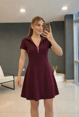 Kadın Kısa Kollu Yakası Fermuarlı Kısa Viskon Iki Iplik Elbise