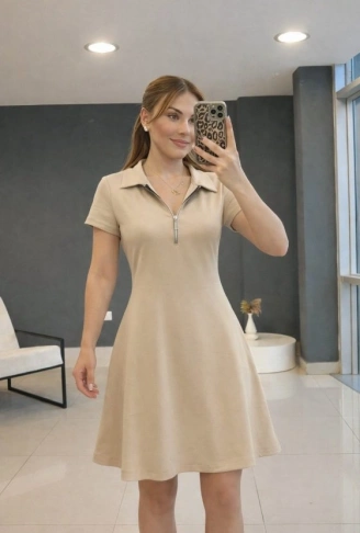 Kadın Kısa Kollu Yakası Fermuarlı Kısa Viskon Iki Iplik Elbise