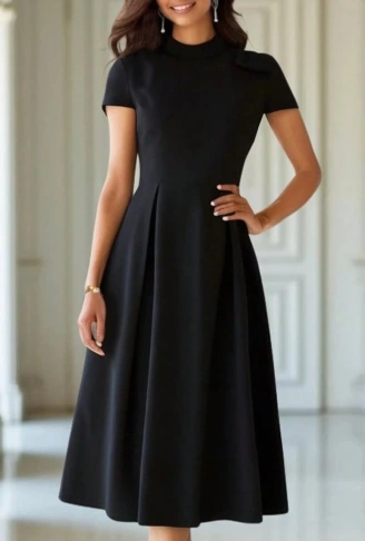 Kadın Kısa Kollu Yarı Balıkçı Yaka Pileli Janjan Krep Midi Elbise