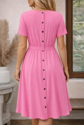 Kadın Kısa Kollu Yuvarlak Yaka Arkadan Düğmeli Viskon Midi Elbise