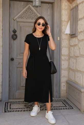 Kadın Kısa Kollu Yuvarlak Yaka Belden Bağcıklı önden Yırtmaçlı Aerobin Elbise