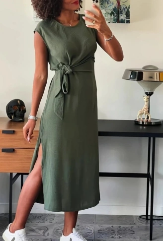 Kadın Kısa Kollu Yuvarlak Yaka Belden Bağcıklı önden Yırtmaçlı Aerobin Elbise