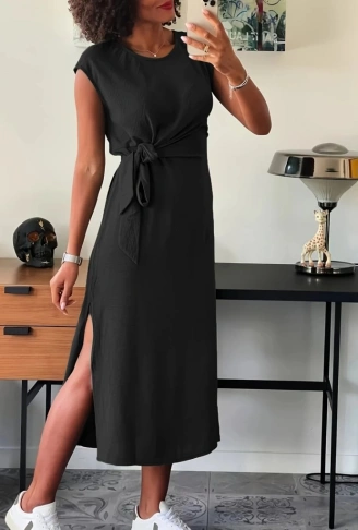 Kadın Kısa Kollu Yuvarlak Yaka Belden Bağcıklı önden Yırtmaçlı Aerobin Elbise