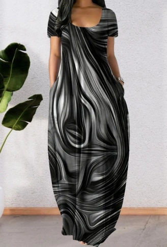 Kadın Kısa Kollu Yuvarlak Yaka Cepli Salaş Baskılı Süprem Elbise