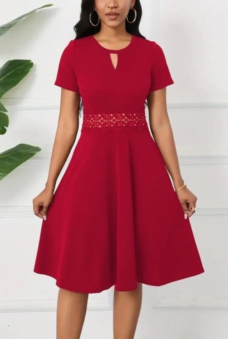 Kadın Kısa Kollu Yuvarlak Yaka Damla Detaylı Janjan Elbise