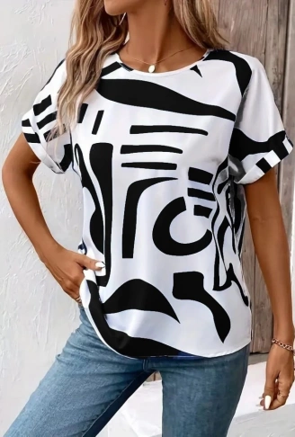 Kadın Kısa Kollu Yuvarlak Yaka Desenli Süprem Bluz